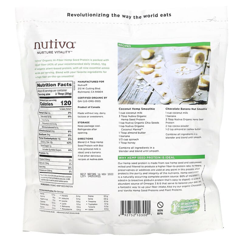 Nutiva Organic Hemp Seed Protein Hi-Fiber  3 lbs