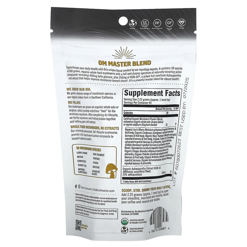 OM Mushroom Superfood Mushroom Master Blend Powder - Certified Organic  90 grams
