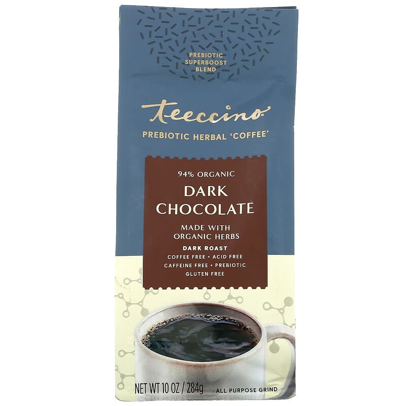 Teeccino Prebiotic Herbal Coffee (Gluten Free) Dark Chocolate - Dark Roast 10 oz
