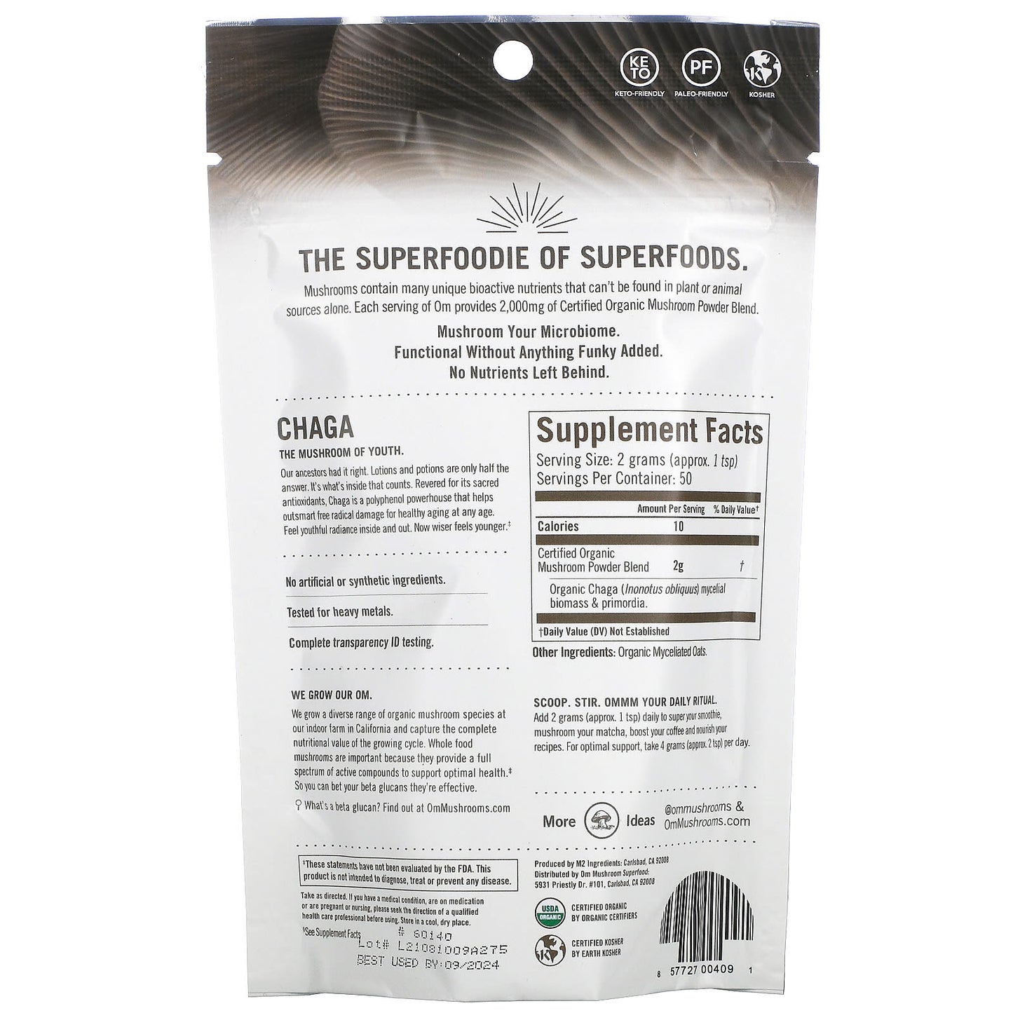 OM Mushroom Superfood Chaga Mushroom Powder - Certified 100% Organic  100 grams