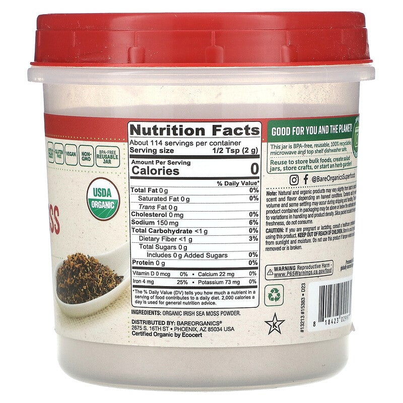 Bare Organics Raw Organic Irish Sea Moss Immunity Powder  8 oz