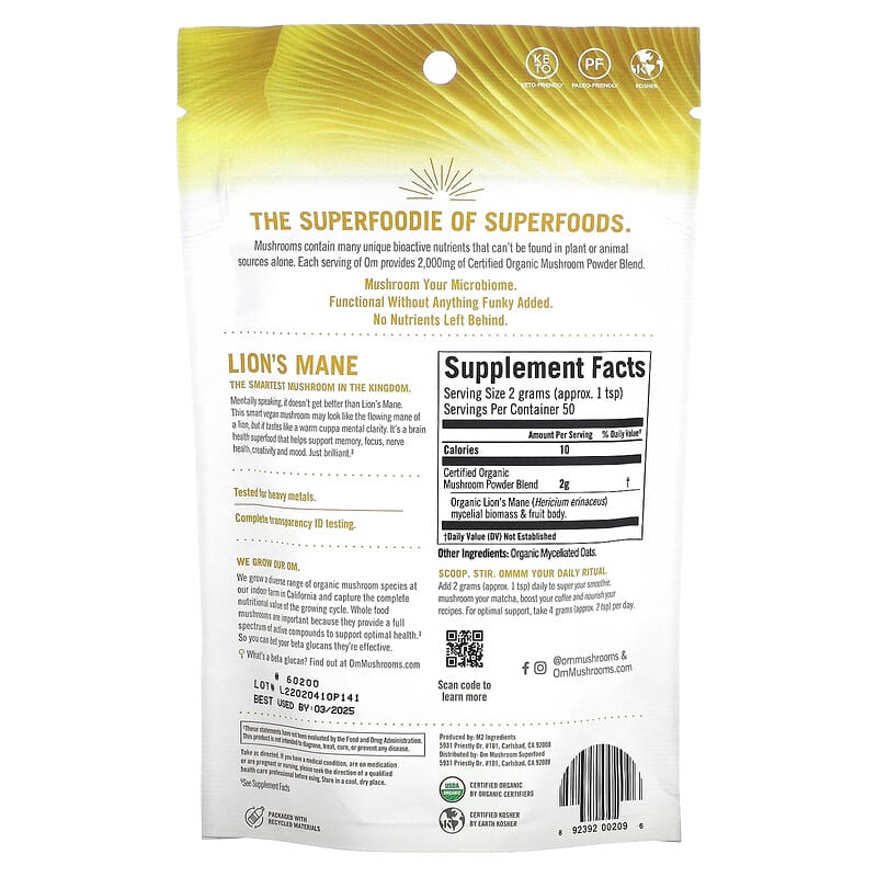 OM Mushroom Superfood Lion's Mane Mushroom Powder - Certified Organic  100 grams