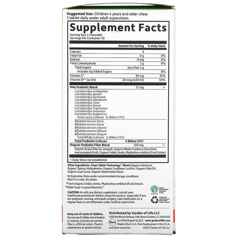 Garden Of Life Dr. Formulated Probiotics - Organic Kids + 5 Billion Watermelon 30 chews