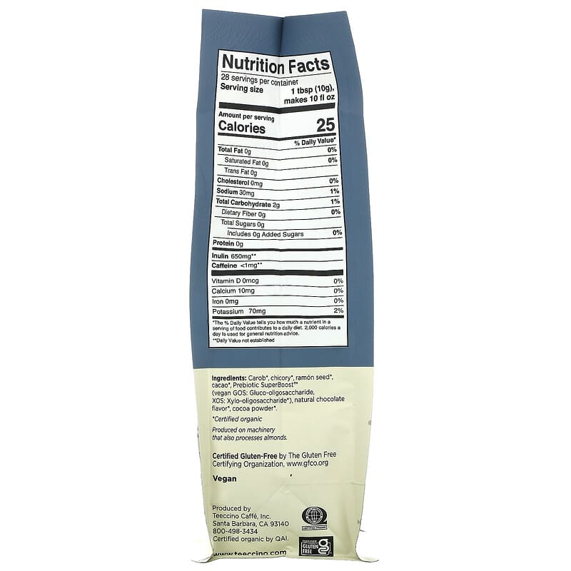 Teeccino Prebiotic Herbal Coffee (Gluten Free) Dark Chocolate - Dark Roast 10 oz