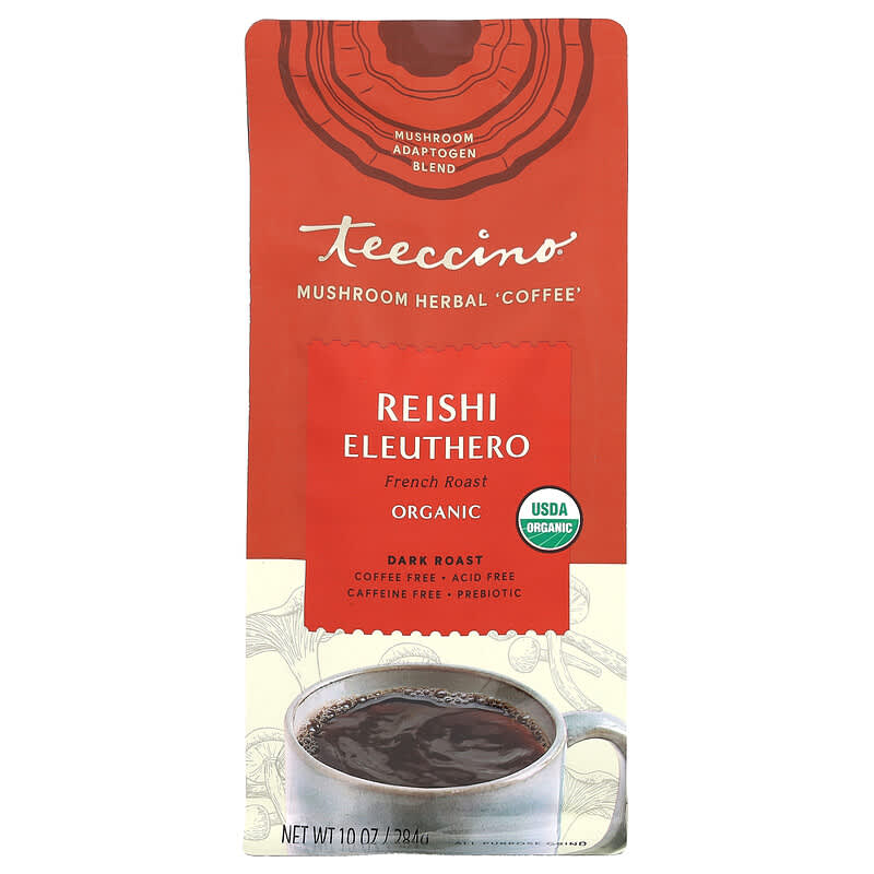 Teeccino Organic Mushroom Herbal Coffee Reishi Eleuthero French Roast 10 oz