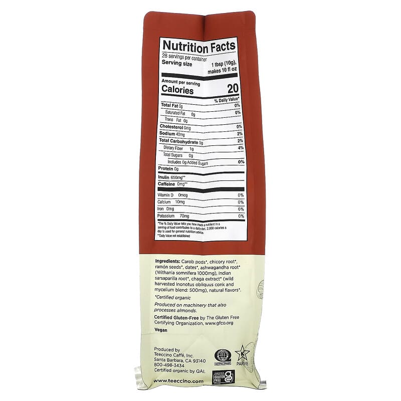 Teeccino Organic Mushroom Herbal Coffee (Gluten Free) Chaga Ashwagandha Butterscotch Cream 10 oz