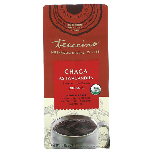 Teeccino Organic Mushroom Herbal Coffee (Gluten Free) Chaga Ashwagandha Butterscotch Cream 10 oz