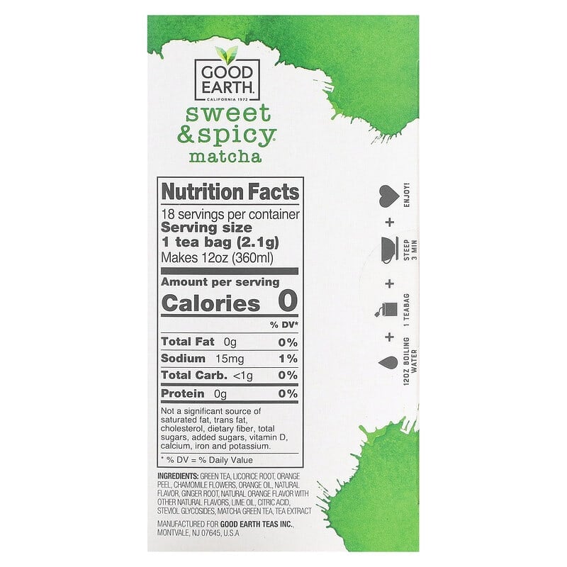 Good Earth Teas Sweet & Spicy Flavored Green Tea Matcha 18 pckts