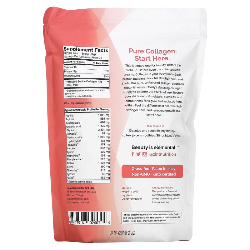 Zint Collagen - Hydrolyzed Collagen Types I & III (Grass Fed Beef)  32 oz