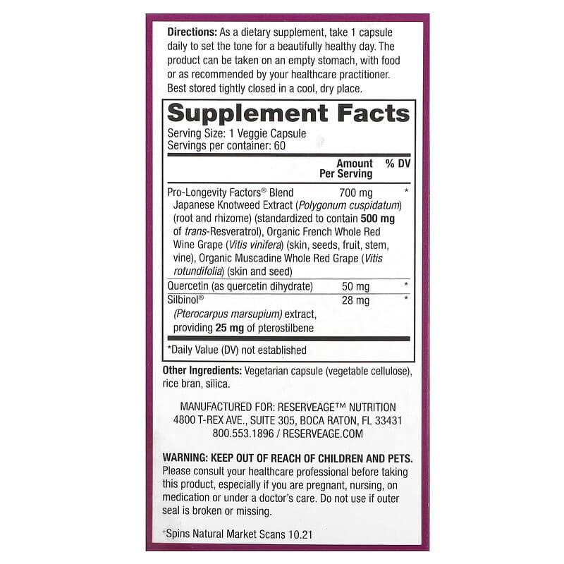 Reserveage Organics The World's Finest Resveratrol with Pterostilbene (500mg)  60 vcaps