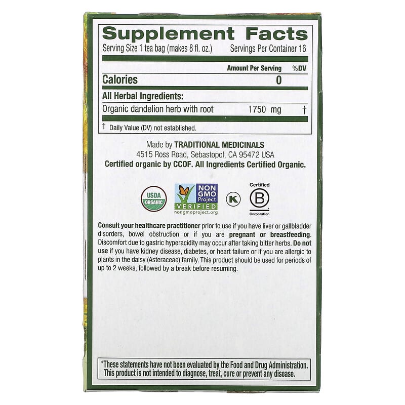 Traditional Medicinals Organic Herbal Tea Dandelion Leaf & Root 16 pckts