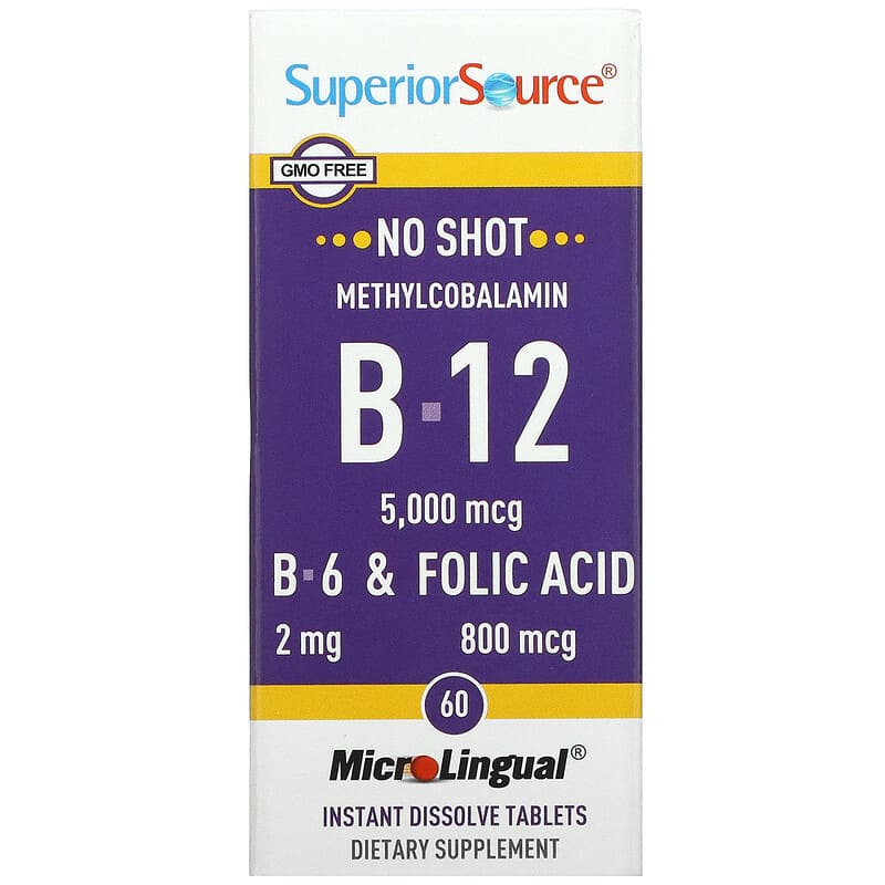 Superior Source No Shot Methylcobalamin B12 (5000mcg) + B6 & Folic Acid (800mcg)  60 tabs
