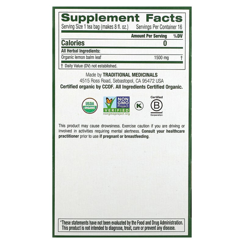 Traditional Medicinals Organic Herbal Tea Lemon Balm 16 pckts