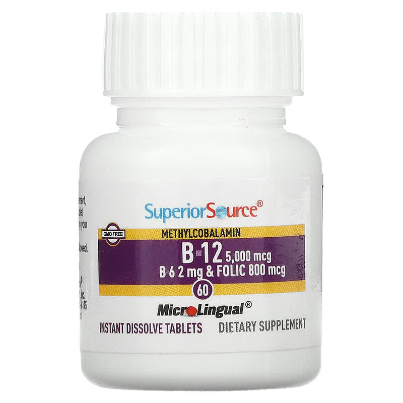 Superior Source No Shot Methylcobalamin B12 (5000mcg) + B6 & Folic Acid (800mcg)  60 tabs