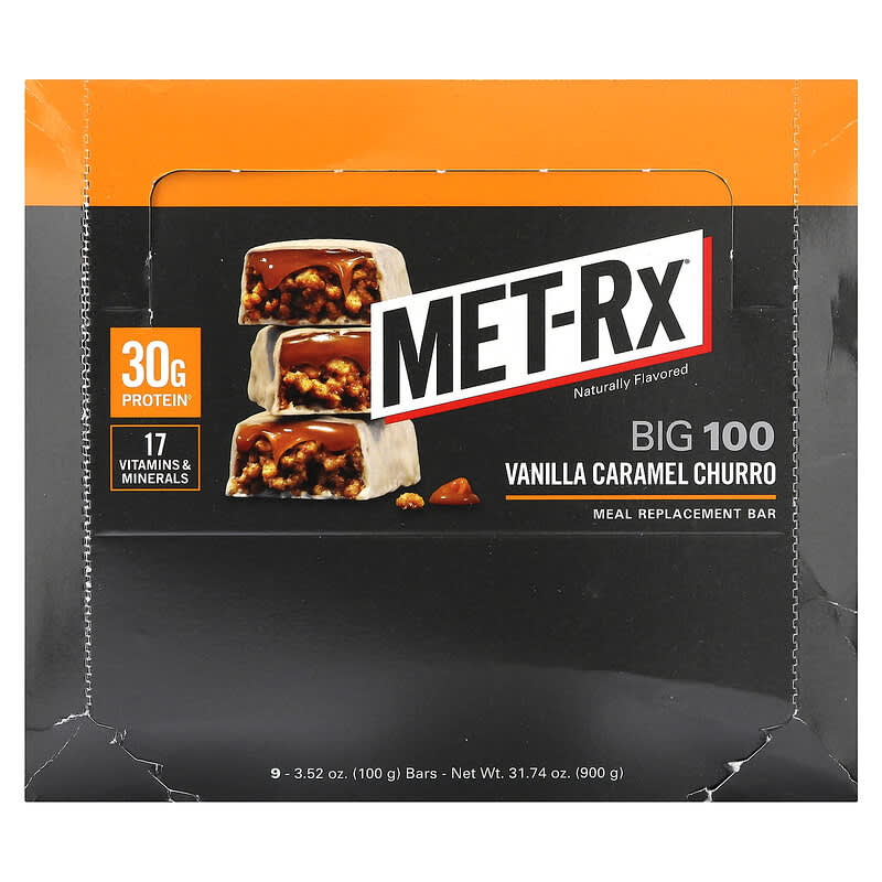 Met-Rx Big 100 Meal Replacement Bar Vanilla Caramel Churro 9 bars
