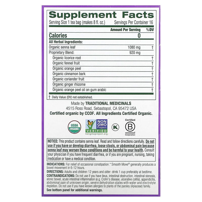 Traditional Medicinals Organic Laxative Tea Smooth Move 16 pckts