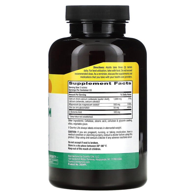 Country Life Calcium Magnesium Zinc with L-Glutamic Acid  250 tabs