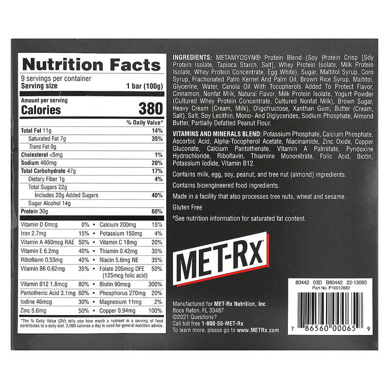 Met-Rx Big 100 Meal Replacement Bar Vanilla Caramel Churro 9 bars
