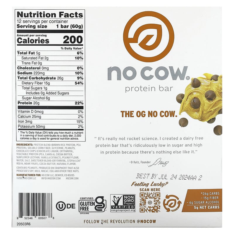 D's Naturals No Cow Protein Bar Peanut Butter Chocolate Chip 12 bars