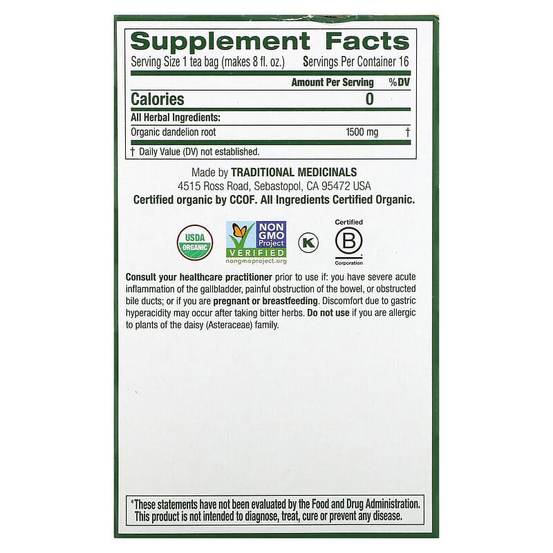 Traditional Medicinals Organic Herbal Tea Roasted Dandelion Root 16 pckts