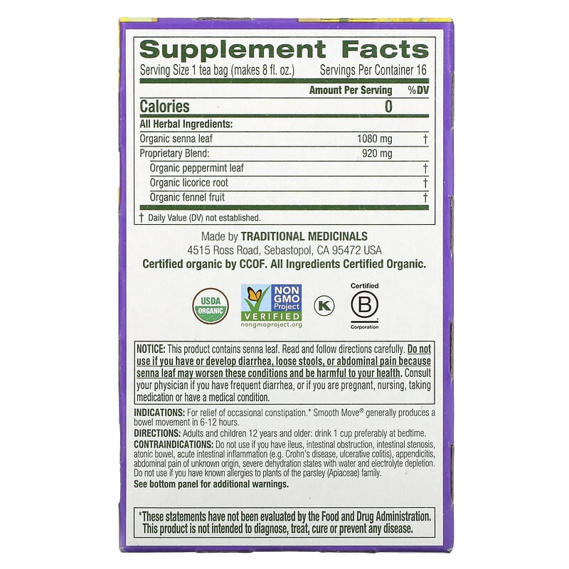 Traditional Medicinals Organic Laxative Tea Smooth Move - Senna Peppermint 16 pckts