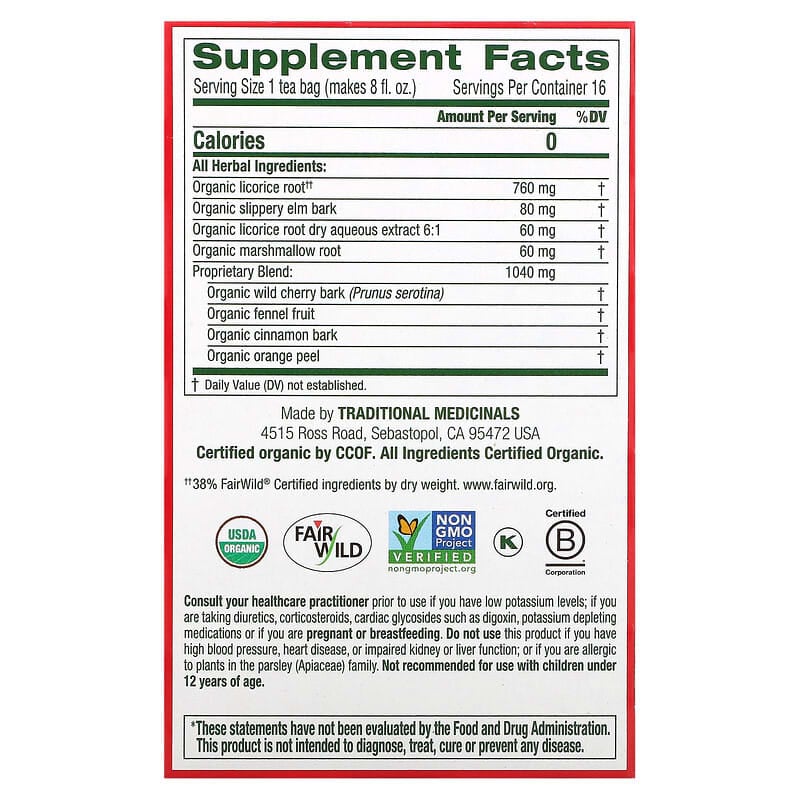Traditional Medicinals Organic Seasonal Tea Throat Coat 16 pckts