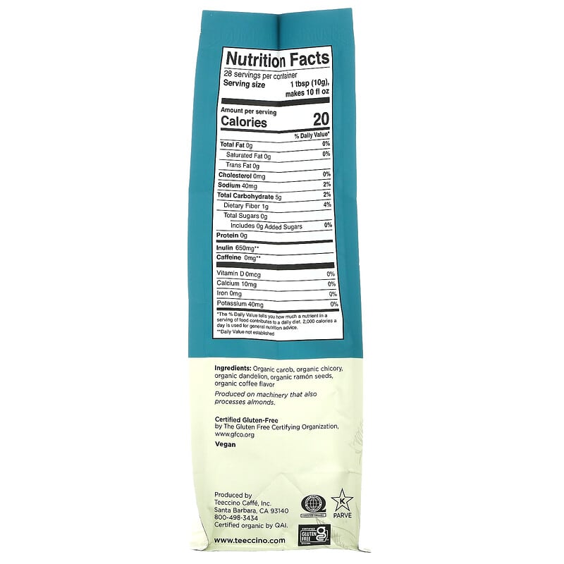 Teeccino Organic Chicory Herbal Coffee (Gluten Free) Dandelion Dark Roast 10 oz